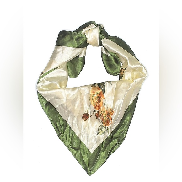 Vintage Floral Scarf Green Border Square Wrap - Picture 1 of 4